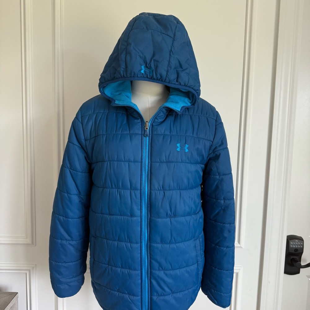 Under Armour Double Sided Teal Hooded Puffer Jacket Size Boys XL